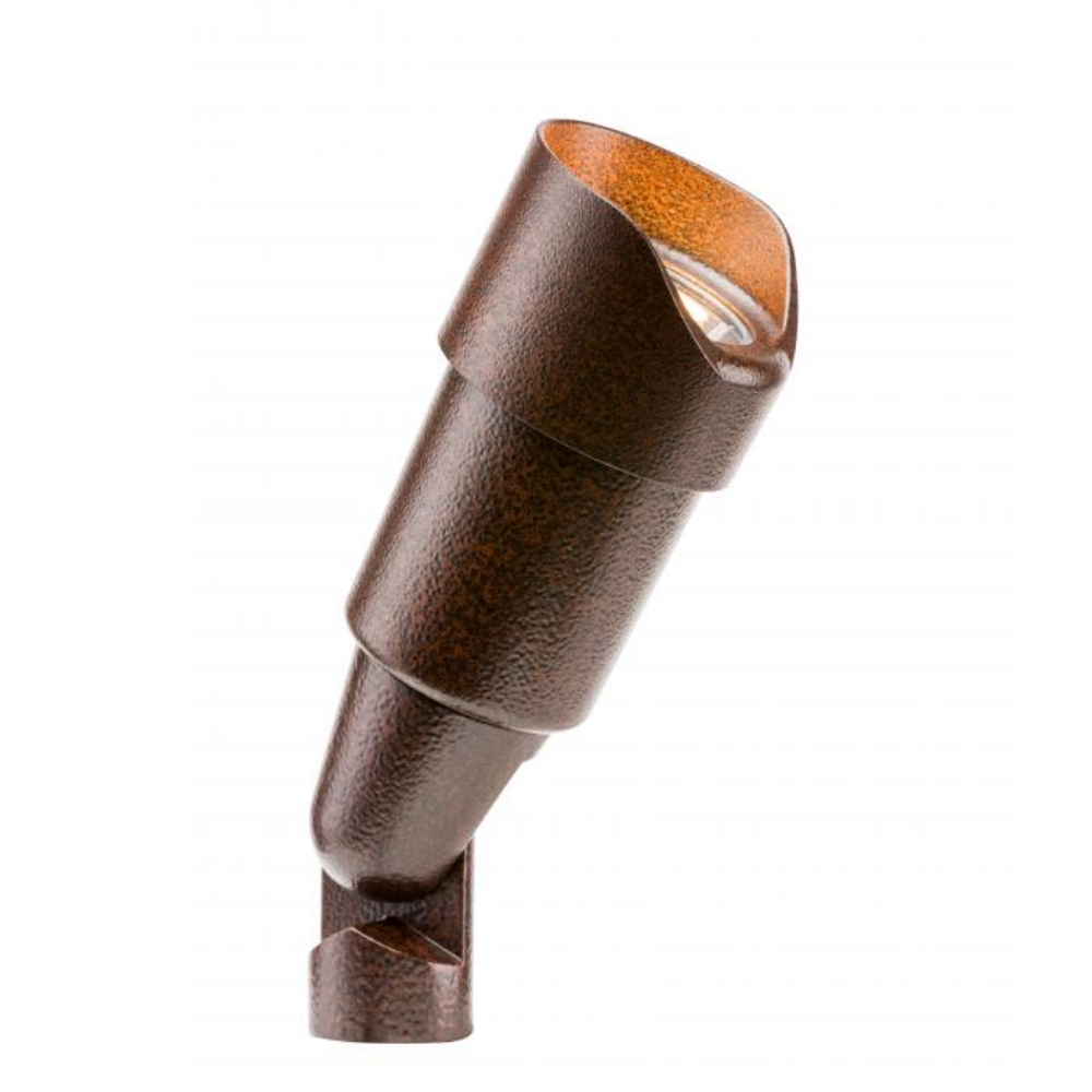 Front view of RS Up Light in bronze showing die-cast aluminum/zinc housing, clear lens, low-profile 6.5" body, and adjustable ProAim aiming mechanism for landscape uplighting.