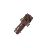 Hunter PLD050 barb-to-1/2 inch NPT adapter, brown plastic fitting showing male NPT threads and barb connection on white background