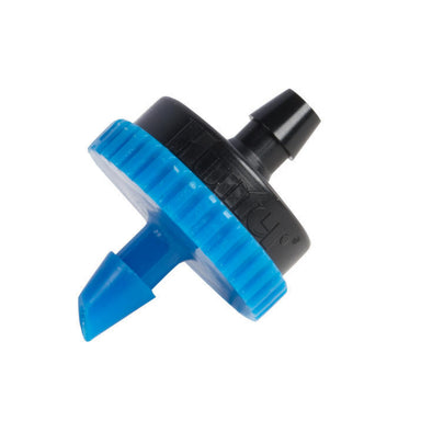 Blue Hunter HE050B25 drip emitter (0.5 GPH) showing self-piercing barb inlet and coined grip edges for installation.