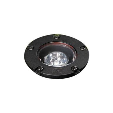 Black Vista GW-5262 in-ground well light showing die-cast aluminum housing, tempered glass lens, and adjustable lamp bracket.