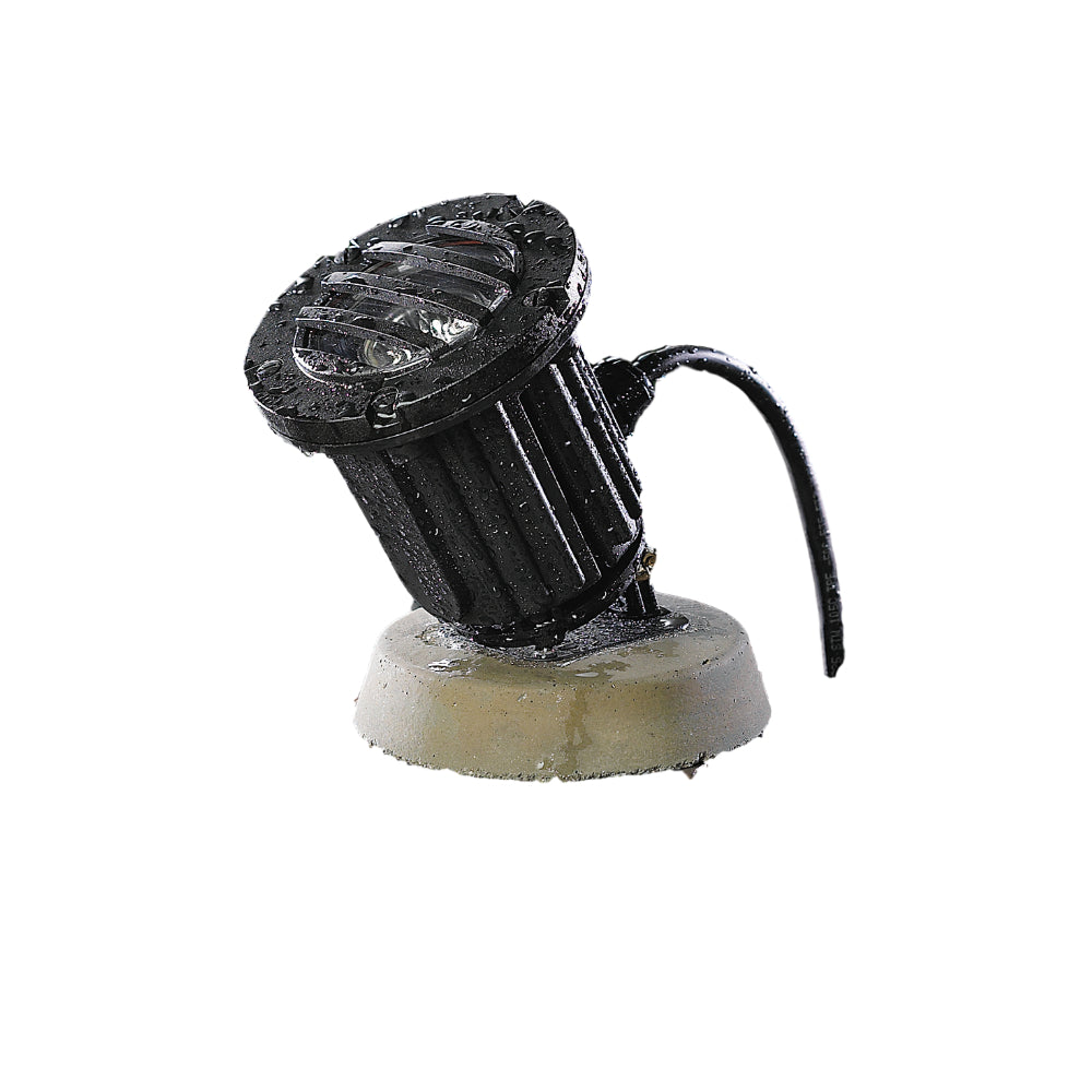 Black Vista UW-5217 underwater landscape light with injection-molded Ryton R-4 composite housing, convex tempered glass lens, adjustable bracket, and 15-foot water-resistant pigtail.
