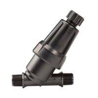 Hunter HY075 3/4-inch NPT WYE filter assembly, showing plastic body and removable 150-mesh stainless steel screen for drip irrigation protection.
