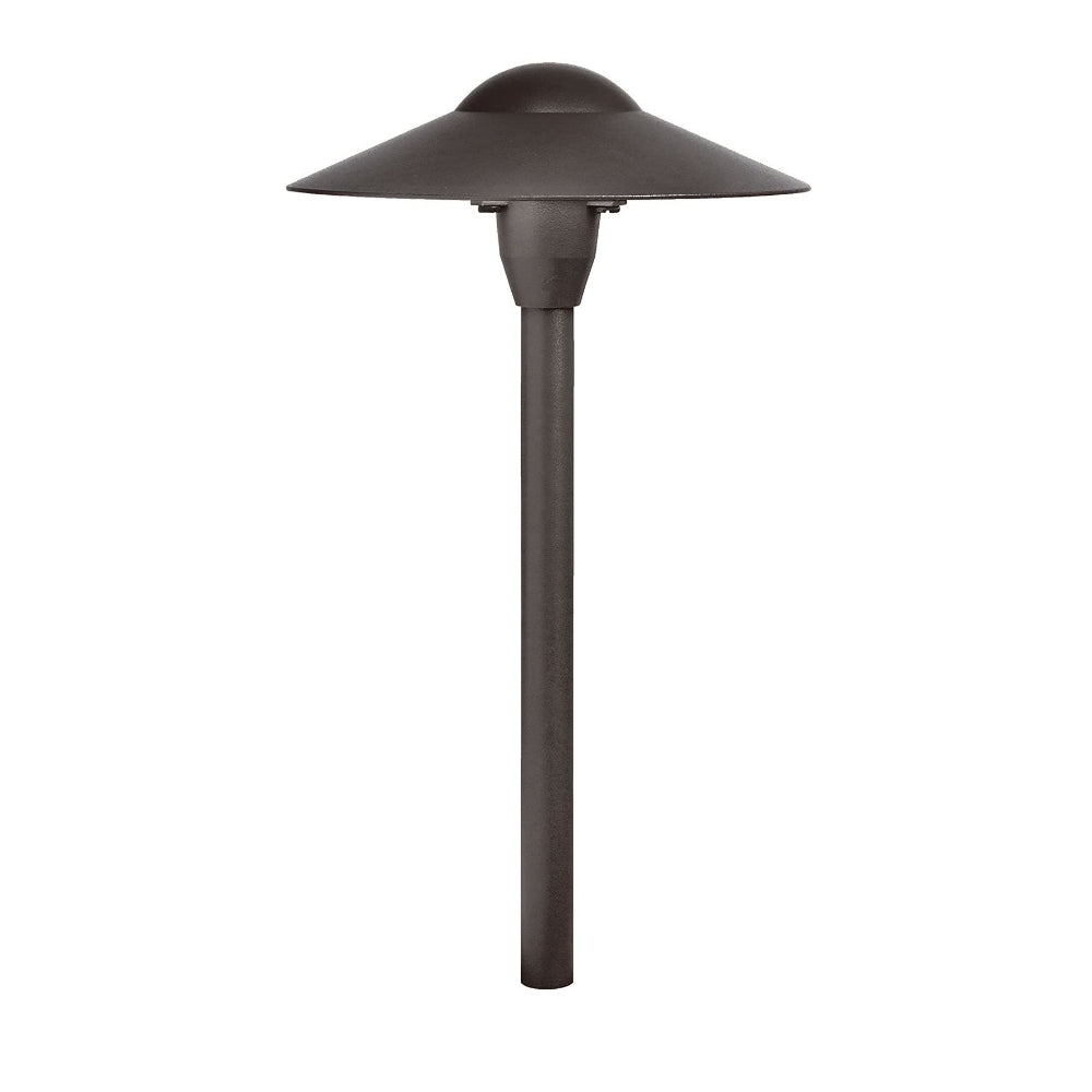 Kichler 15410AZT 8" dome path light in textured bronze; 15" high, 8.25" diameter, mounted on short stem in landscape.