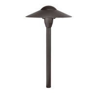 Kichler 15410AZT 8" dome path light in textured bronze; 15" high, 8.25" diameter, mounted on short stem in landscape.