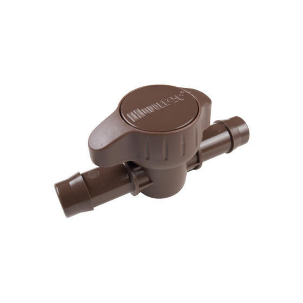 Close-up of brown PLD-BV 17mm barb ball valve showing dual-barb fitting and compact inline ball valve body, suitable for PLD tubing (detailed view).