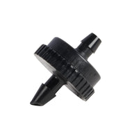 Black Hunter HE10B25 point-source drip emitter on white background, self-piercing barb and coin-edged grip visible.