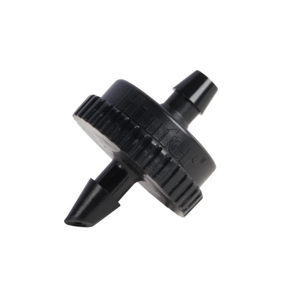 Close-up of Hunter HE10B100 black point-source drip emitter with 1/4-inch self-piercing barb and coined edges for easy installation.