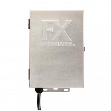 Front view of DX300SS 300W stainless steel low-voltage transformer showing digital facepack control and mounting bracket.