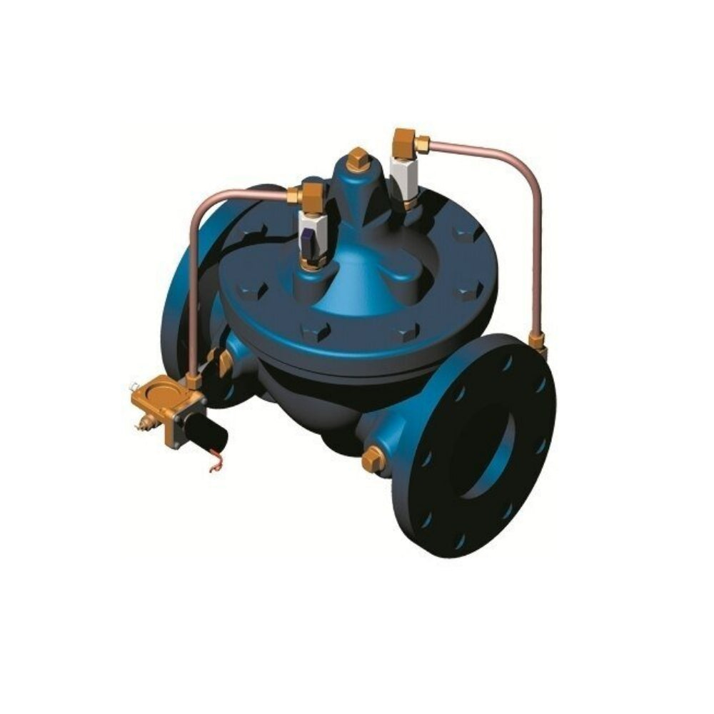 Front-right view of Griswold 2260L pressure reducing valve, 2 in. FIPT, cast iron body with bronze trim and solenoid coil.