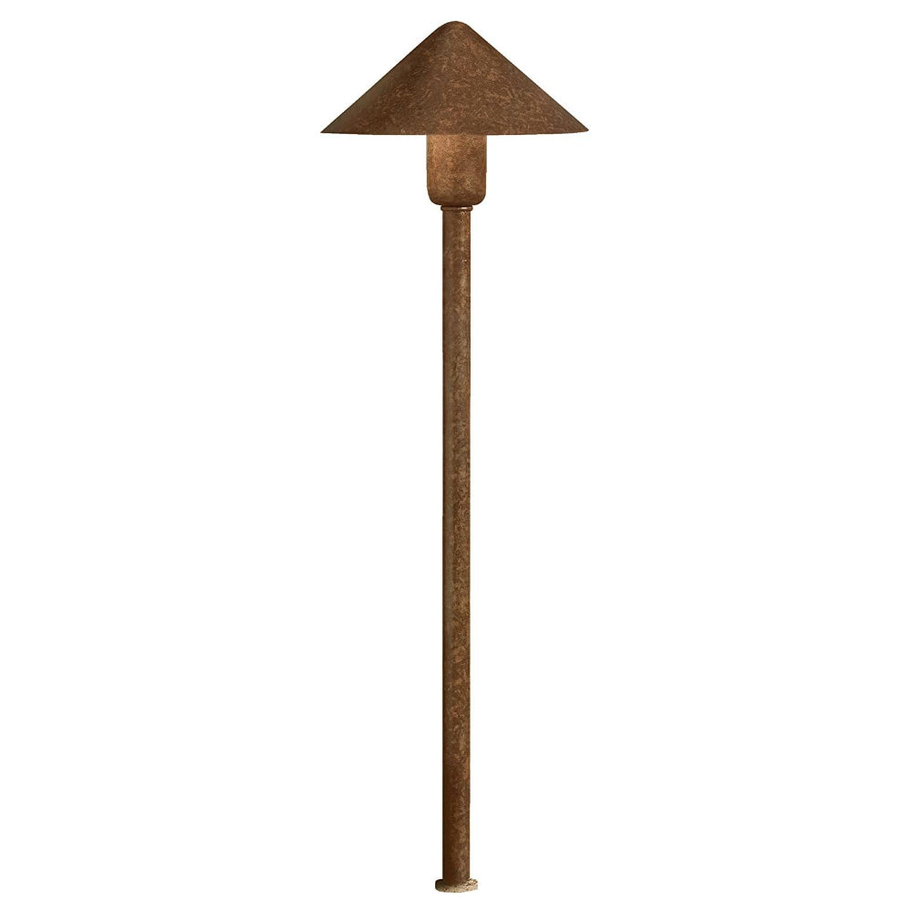 Kichler Fundamentals 12V path and spread light in textured Tannery Bronze, solid brass body, stake-mounted, 20.25 inches tall.