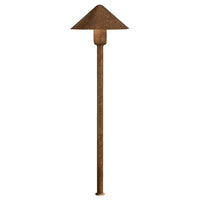 Kichler Fundamentals 12V path and spread light in textured Tannery Bronze, solid brass body, stake-mounted, 20.25 inches tall.