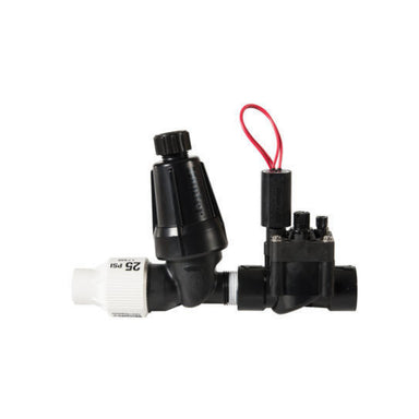 Hunter ICZ-101-25 drip control zone kit: 1-inch valve assembly, 150-mesh stainless filter, 25 PSI regulator.