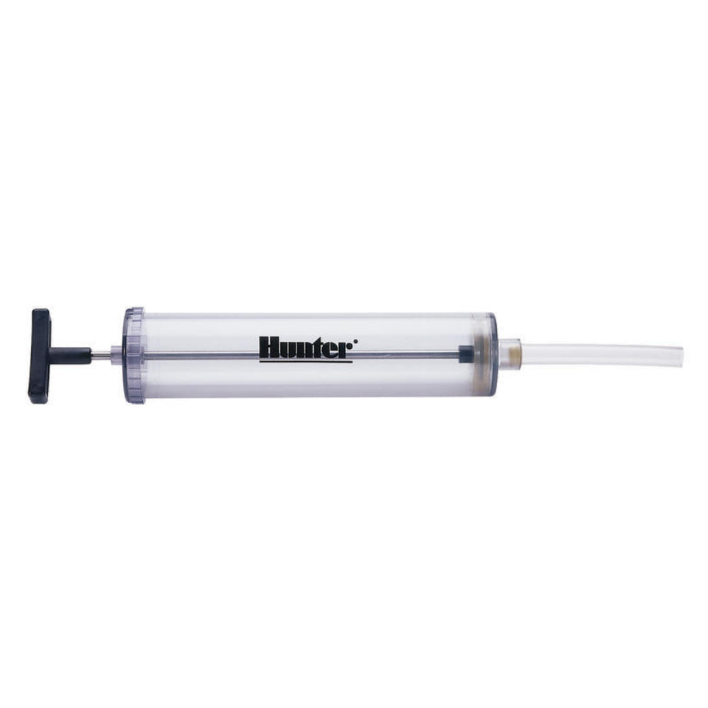 Hunter 460302 valve box hand pump shown next to a rectangular irrigation valve box, highlighting pump handle and nozzle.