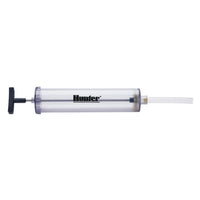 Hunter 460302 valve box hand pump shown next to a rectangular irrigation valve box, highlighting pump handle and nozzle.