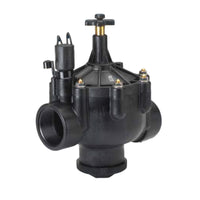 Irritrol 100P1 1-inch globe/angle irrigation valve front view showing glass-reinforced nylon body, 24 VAC solenoid, and flow control knob.