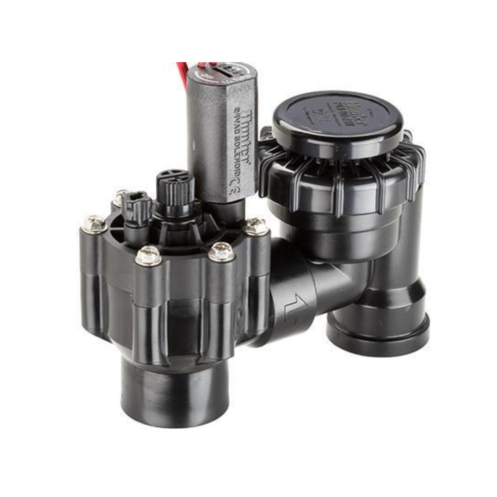 Front view of Hunter PGV075ASVS 3/4-inch anti-siphon electric irrigation valve showing flow control screw, solenoid housing, and inlet ports for slip fittings.