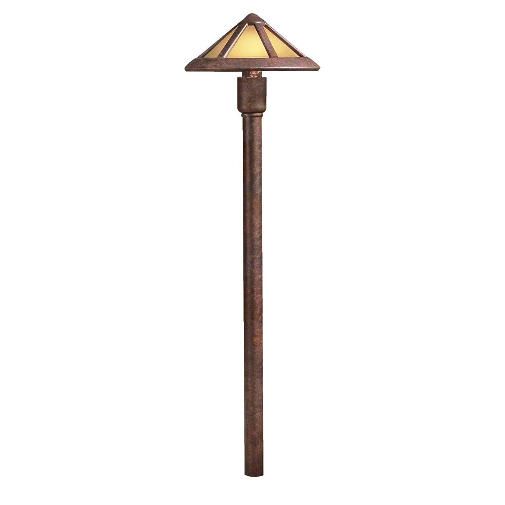 Front view of Kichler 15450TZT Mica Mission 12V path light in Textured Tannery Bronze with mica glass shade, 22.5 inches tall.
