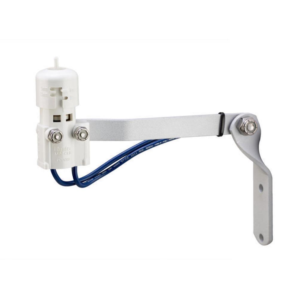 Close-up of Hunter Mini-Clik wired rain sensor with aluminum mounting bracket and 25-foot cable; normally open switch visible.