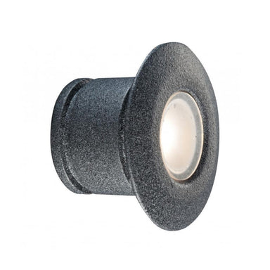 Front view of FX PO 1LED spot wall light in Weathered Iron finish mounted on wall, showing spot faceplate and conduit.