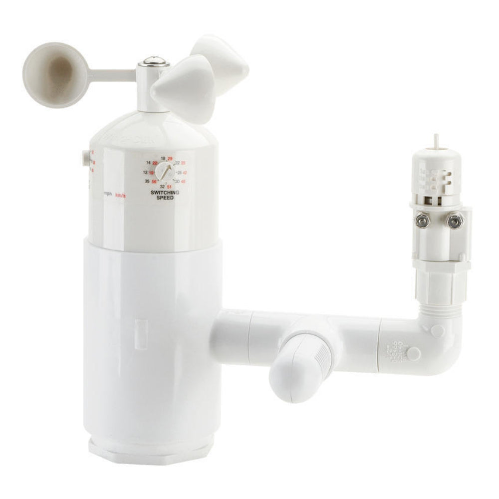 Hunter MWS-FR mini weather station showing wind vane, rain collector and freeze sensor housing on white background
