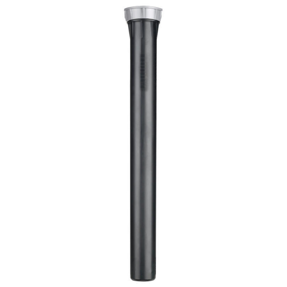 Front and side view of Hunter Pro-Spray PRS40 12" pop-up sprinkler body showing riser extended and housing details.