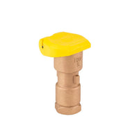 Hunter HQ5RC quick-coupling valve with locking rubber cover, 1-inch female NPT inlet, red brass body and stainless-steel components, angled view.