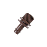 Hunter PLD075 17mm barb to 3/4 in. NPT irrigation adapter, brown glass-filled polypropylene fitting shown on white background, front view.