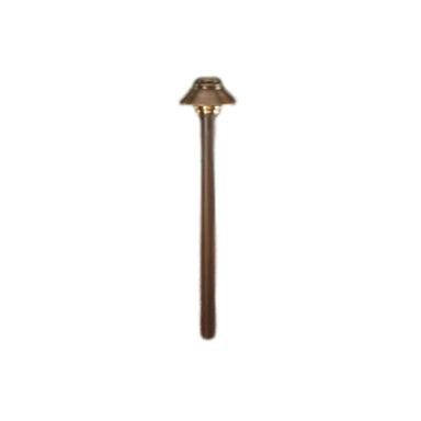 Vista PR-2165-BSO-NL Olde Brass path light showing spun brass shade, textured Tuffak® lens and ½-inch extruded brass stem.