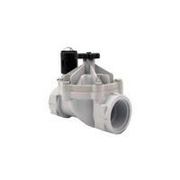 Weathermatic SB-15F-HP Silver Bullet 1.5-inch irrigation valve showing flow control stem, solenoid and nylon body.