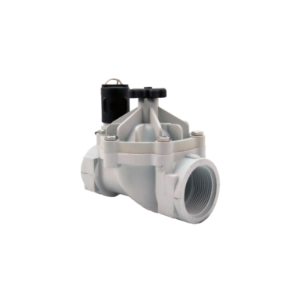Weathermatic SB-15F-HP Silver Bullet 1.5-inch irrigation valve showing flow control stem, solenoid and nylon body.