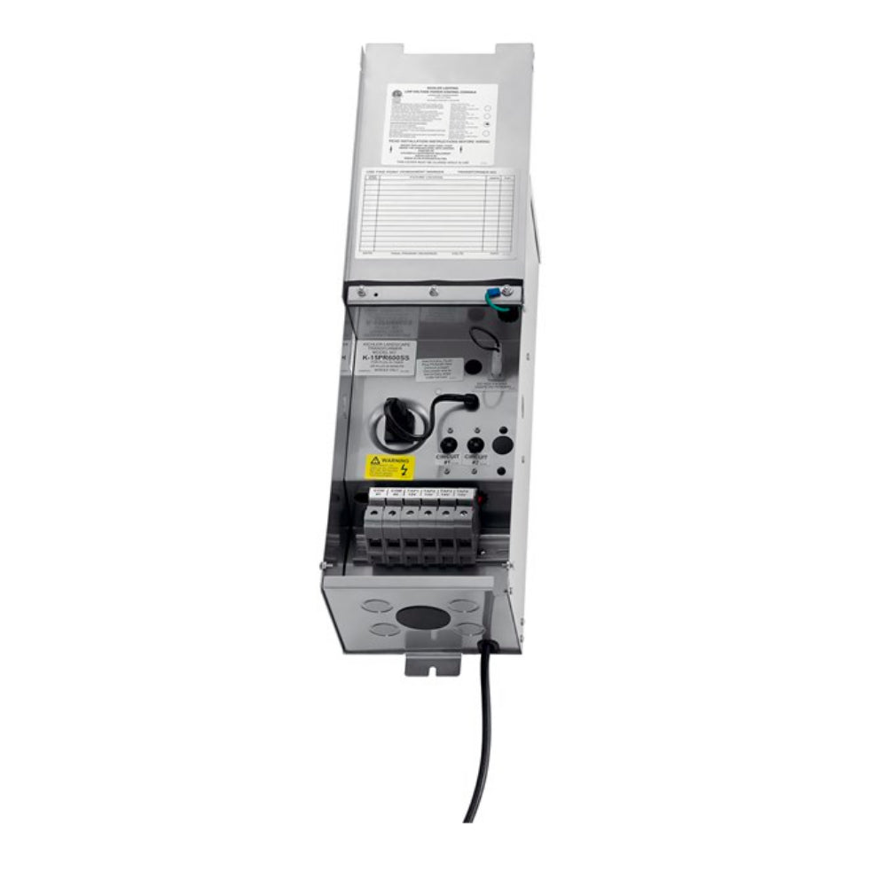 Front view of Kichler Pro Series 600W stainless-steel low-voltage landscape transformer with hinged cover and terminal block.