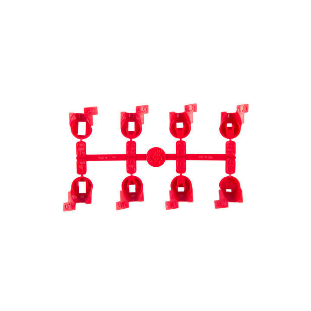 Top view of Hunter 538700 red nozzle rack showing eight interchangeable nozzles, numbered by flow rate for selection.