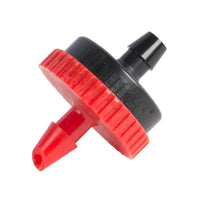 Red Hunter point-source drip emitter with self-piercing 1/4" barb shown on white background; coined edge and outlet visible for easy installation.