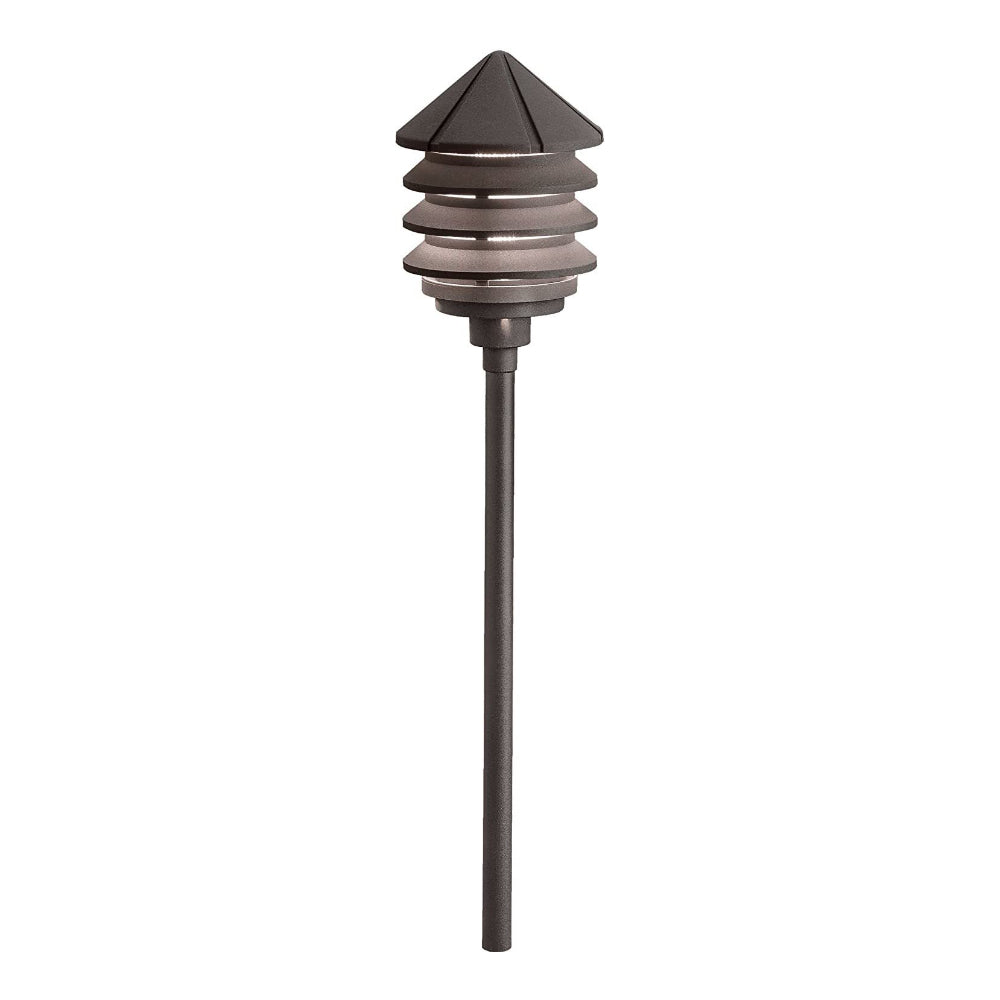 Kichler 15005AZT 12V three-tier path light in textured architectural bronze, showing louvered tiers and clear lens.