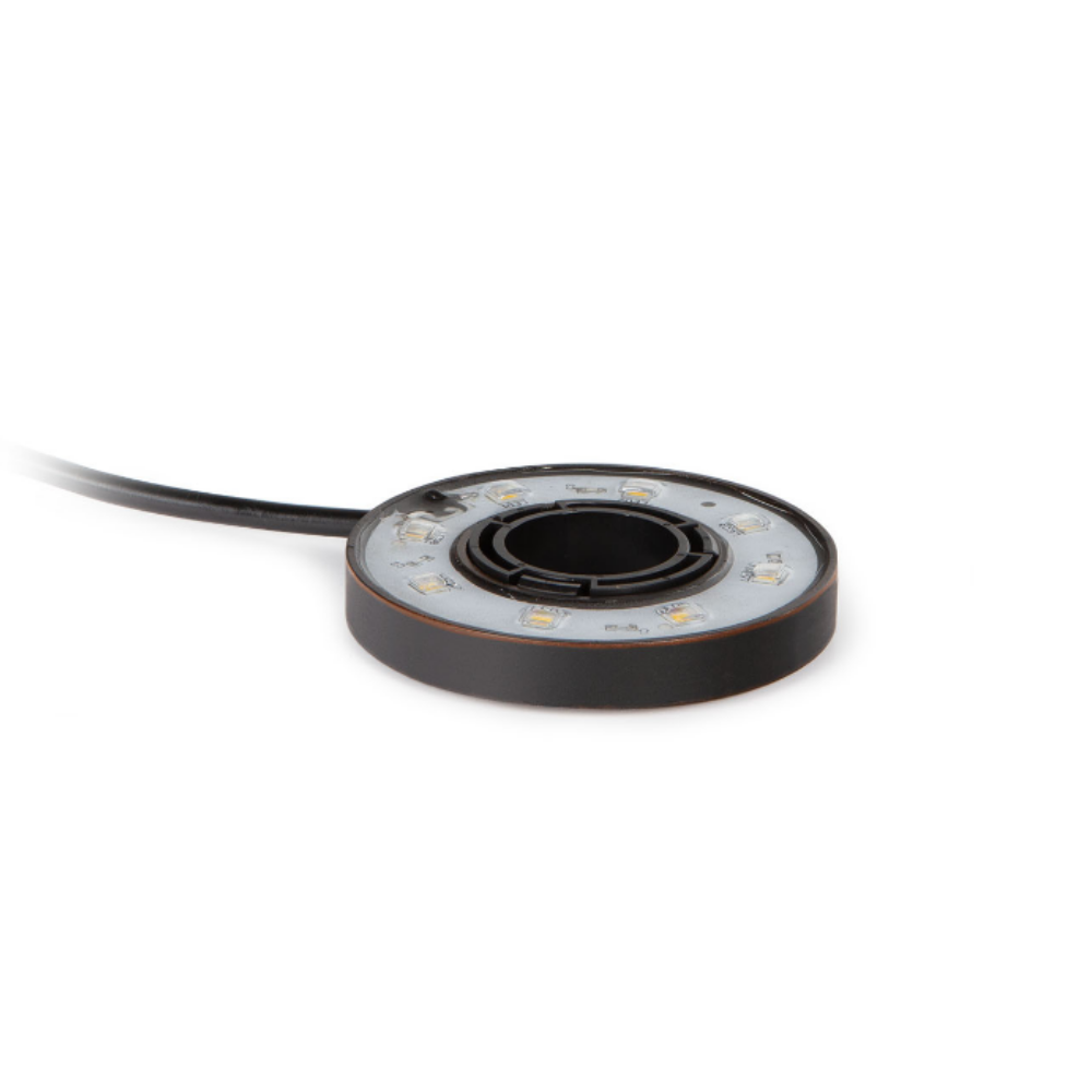 Front view of Atlantic Water Gardens WWRL5 warm white 5W brass ring fountain light with oil‑rubbed bronze finish and quick‑connect cord.