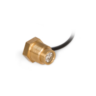 Front view of Atlantic Water Gardens WWSL2 warm white LED spout light showing machined brass body and compact profile.