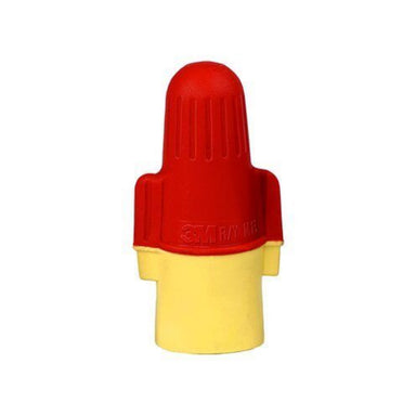 Close-up of a 3M Performance Plus R/Y twist-on wire connector (red/yellow) showing plastic insulated body and flexible spring.