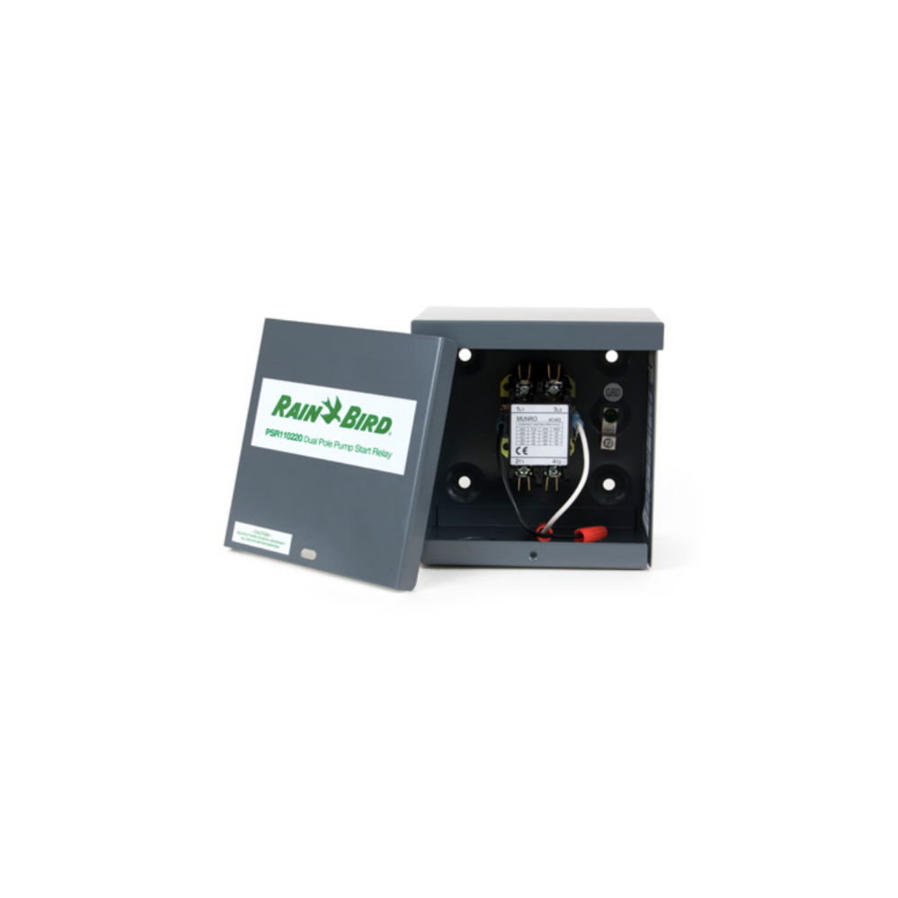 Front view of Rain Bird PSR110220 pump start relay in NEMA 3R steel enclosure showing gray powder-coat finish and terminal access cover.