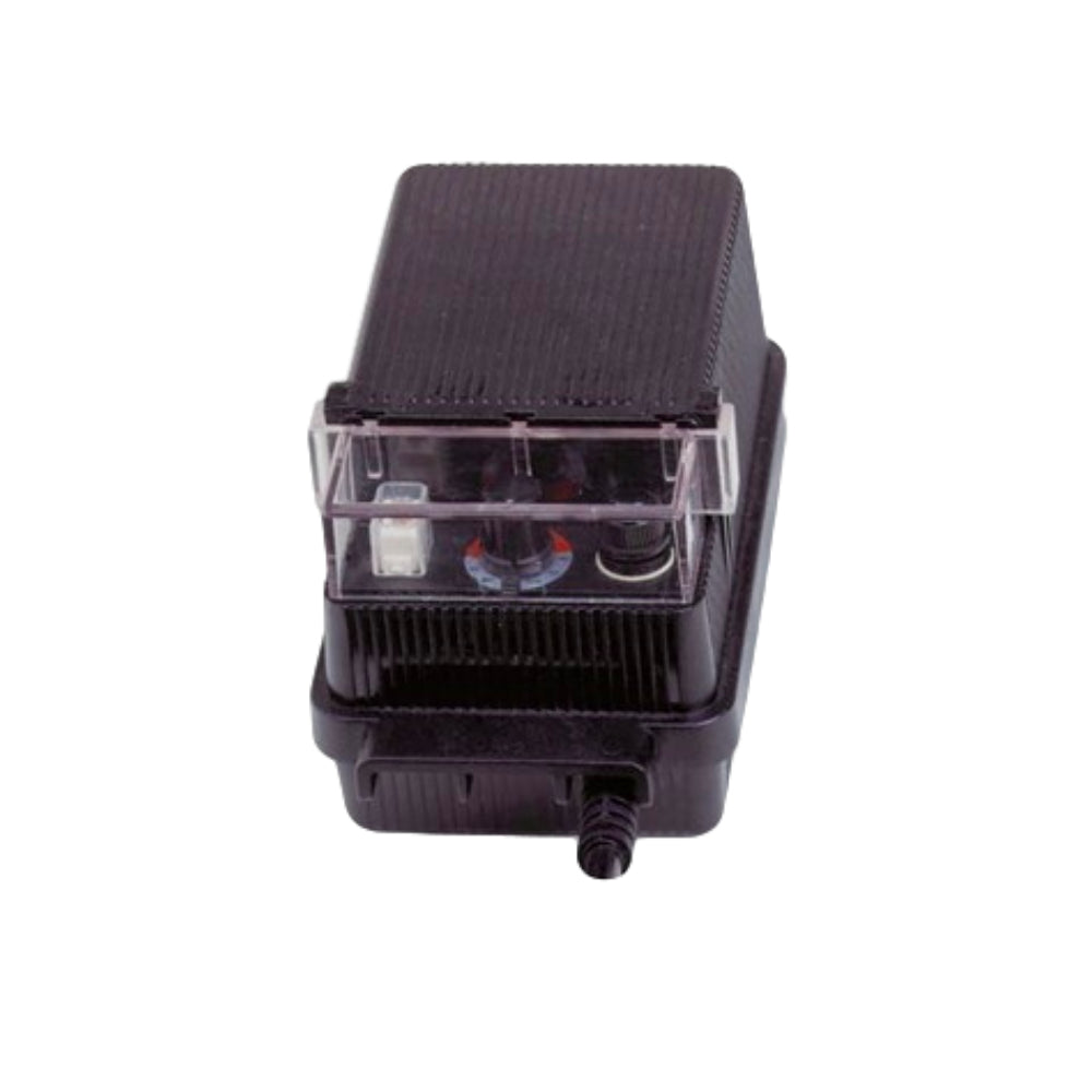Front view of Kichler 15E60BK 60W 12V landscape transformer in black material finish, showing mounting points and 36-inch lead wire.