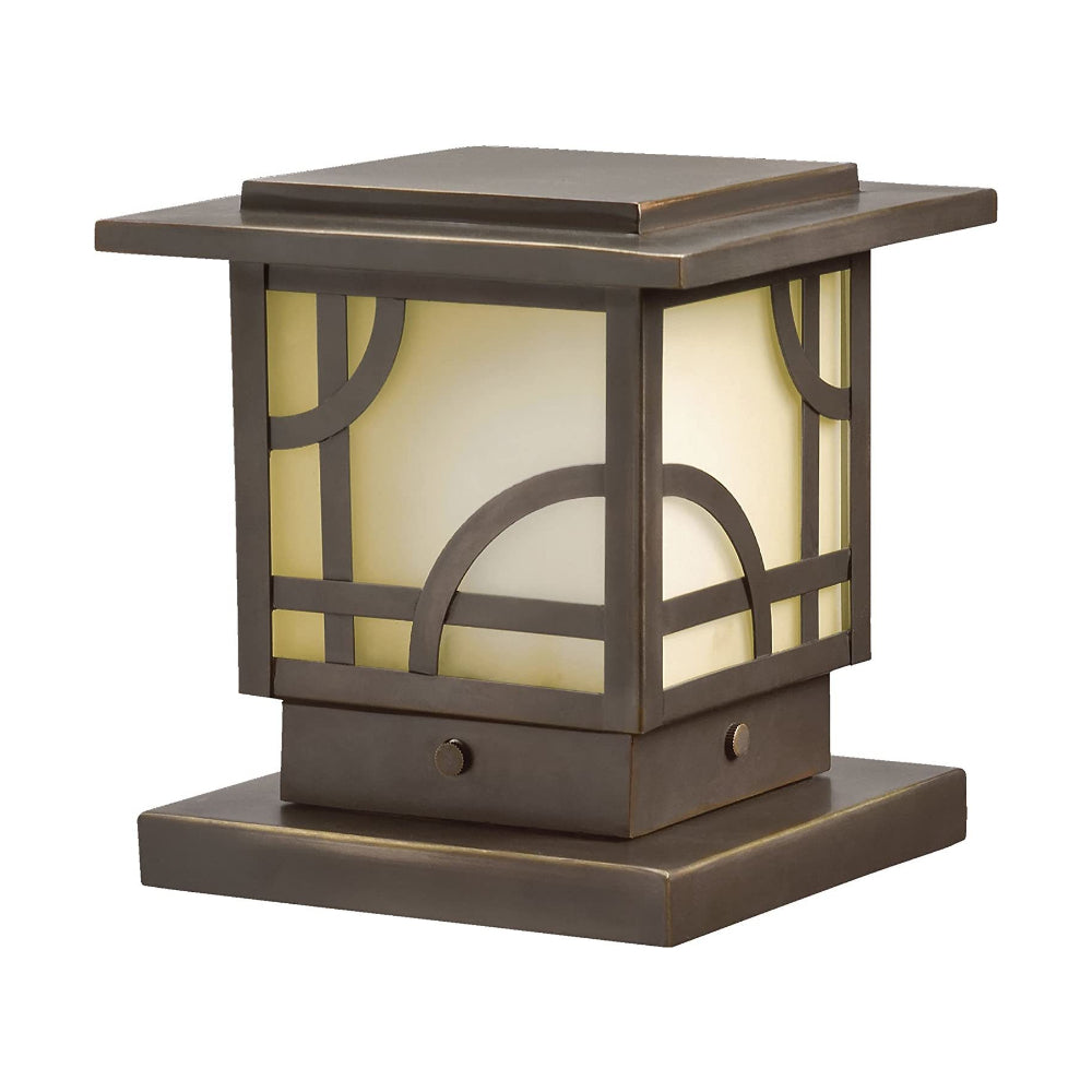 Front view of Kichler Larkin Estate 15474OZ low-voltage Olde Bronze deck/post light with warm umber etched glass.