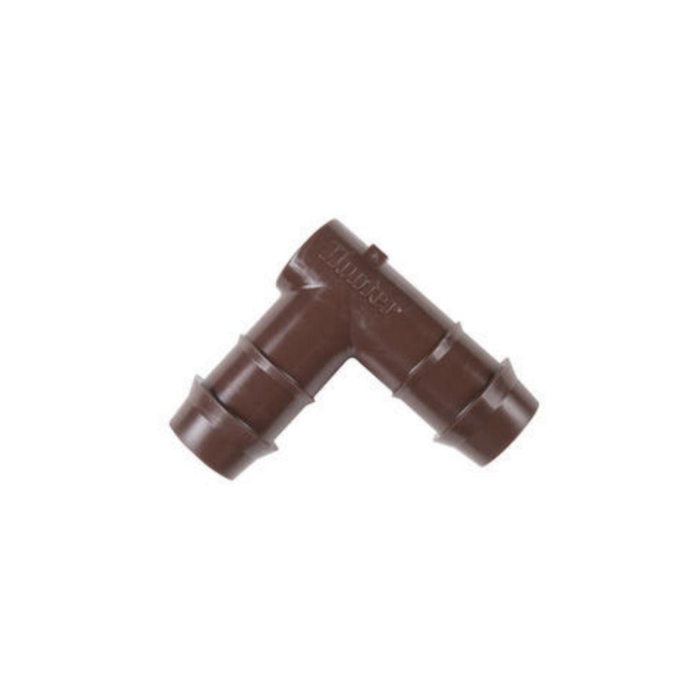 Hunter PLDELB 90-degree barb-to-barb irrigation elbow in brown, close-up showing dual-barb profile and 17mm tubing connection (front view).