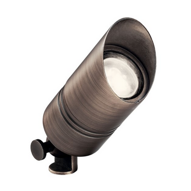 Kichler 15475CBR Centennial Brass low-voltage up light fixture, brass housing, compact profile shown on white background.