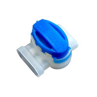 Close-up photograph of a single 3M Scotchlok 314 grease-filled IDC connector showing blue cap and white nylon body.