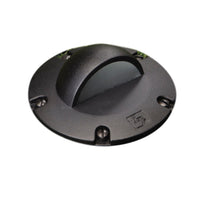 Vista GW-5263 in-ground well light aluminum housing in black with tempered glass lens, shown installed recessed in ground (angled view).