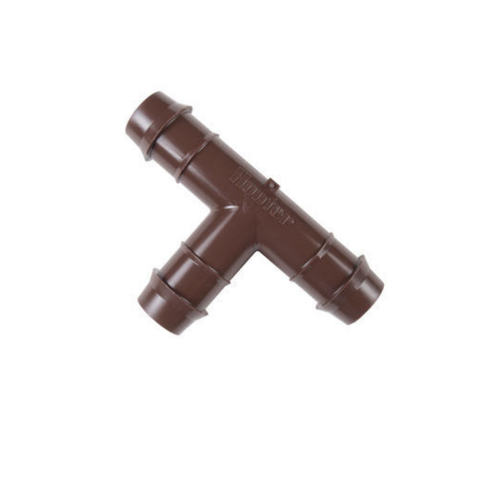 Front view of Hunter PLD-TEE 17 mm barbed tee made from black glass-filled polypropylene, showing triple barbed outlets and compact profile, on white background.