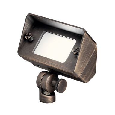 Kichler 15476CBR Centennial Brass mini wall wash up light fixture, angled view of wet‑rated brass housing for landscape accent lighting.