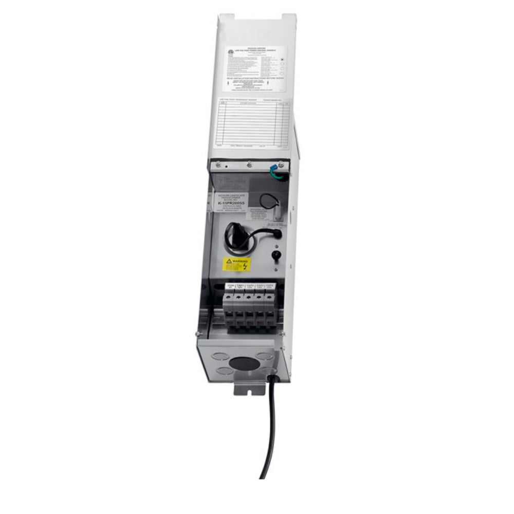 Front view of Kichler 15PR200SS Pro Series 200W stainless steel landscape transformer, showing lead wire and mounting features.