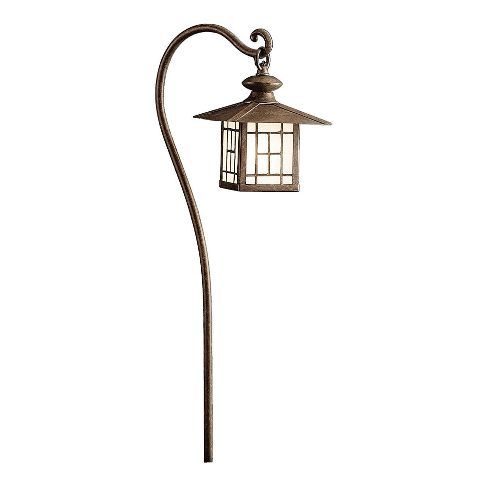 Kichler Mission 15319PZ 12V path lantern in Patina Bronze with satin-etched glass diffuser on white background.