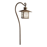 Kichler Mission 15319PZ 12V path lantern in Patina Bronze with satin-etched glass diffuser on white background.