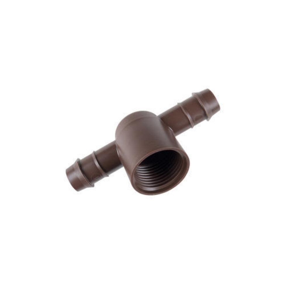 Front view of Hunter PLD 17mm barbed tee fitting showing threaded female port and dual 17mm barbs for dripline connection, brown plastic.
